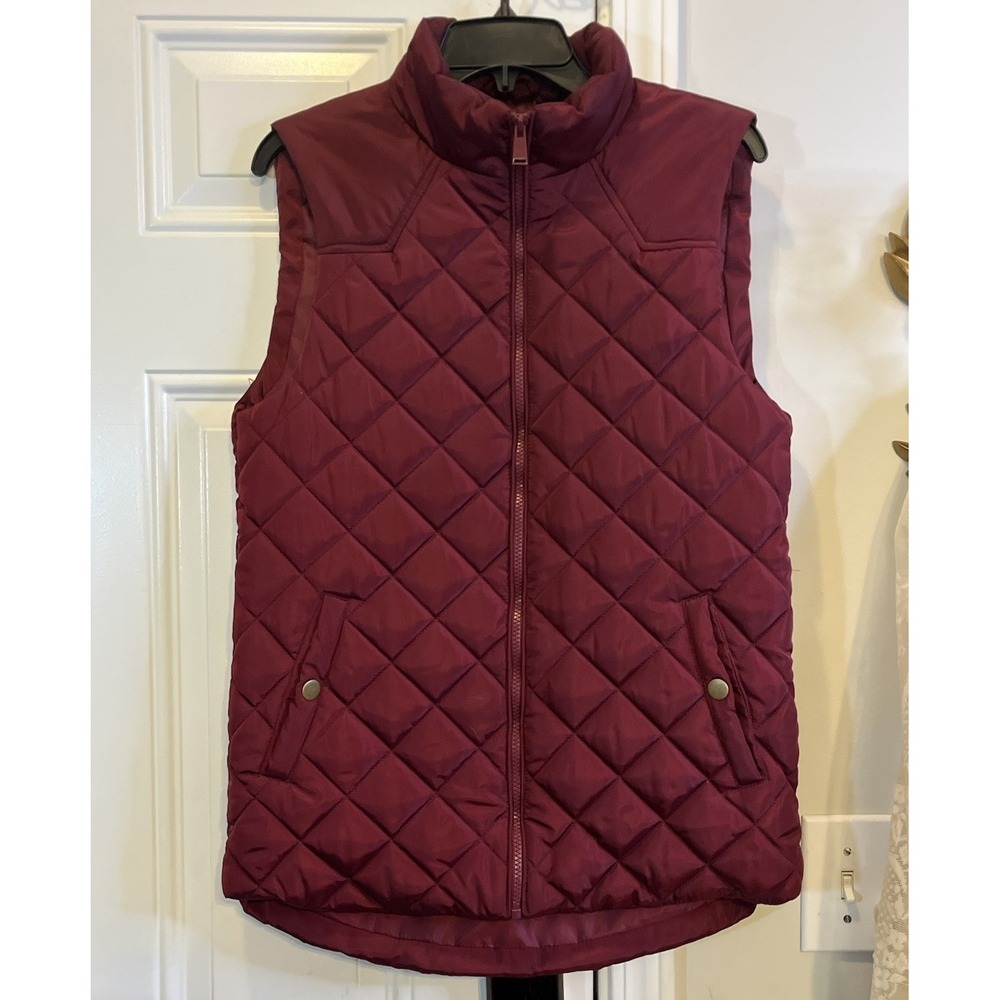Dark Academia Women's S Quilted Utility Puffer Vest Full Zip Burgundy Small Cozy